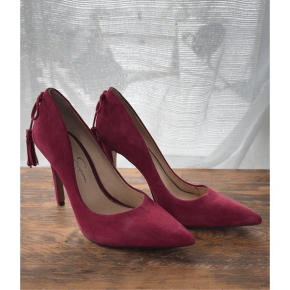 Jessica Simpson Centella Magenta Suede Tassel Lace Back Pumps Heels 7.5M Wine